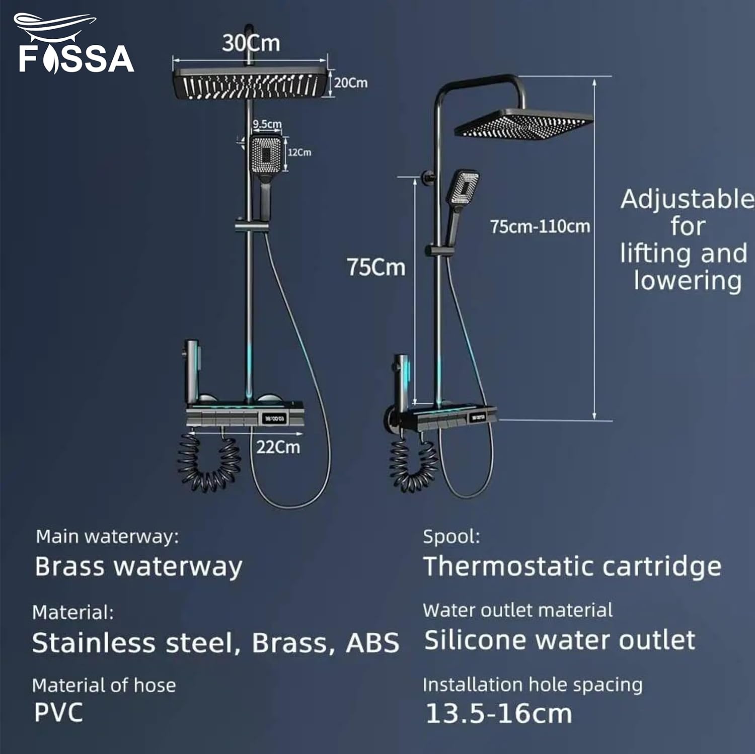 Fossa Brass Thermostatic LED Shower Panel Full Set Temperature Display Shower Set 4 Function, Mixer Shower System, Hand shower, Overhead Shower, Jet Spray For Bathroom Shower Set (Black)-4
