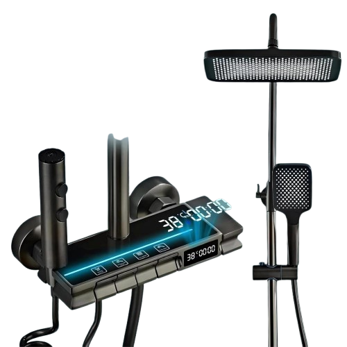Fossa Brass Thermostatic LED Shower Panel Full Set Temperature Display Shower Set 4 Function, Mixer Shower System, Hand shower, Overhead Shower, Jet Spray For Bathroom Shower Set (Black)-0
