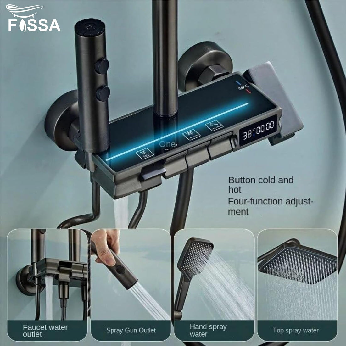 Fossa Brass Thermostatic LED Shower Panel Full Set Temperature Display Shower Set 4 Function, Mixer Shower System, Hand shower, Overhead Shower, Jet Spray For Bathroom Shower Set (Black)-0
