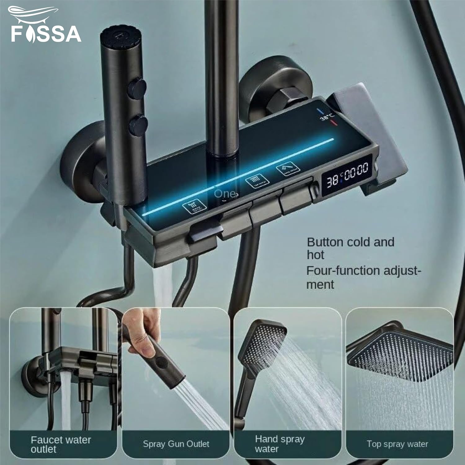 Fossa Brass Thermostatic LED Shower Panel Full Set Temperature Display Shower Set 4 Function, Mixer Shower System, Hand shower, Overhead Shower, Jet Spray For Bathroom Shower Set (Black)-1