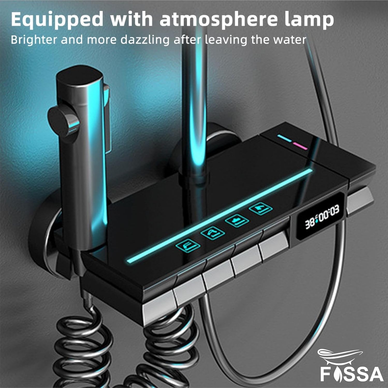 Fossa Brass Thermostatic LED Shower Panel Full Set Temperature Display Shower Set 4 Function, Mixer Shower System, Hand shower, Overhead Shower, Jet Spray For Bathroom Shower Set (Black)-2