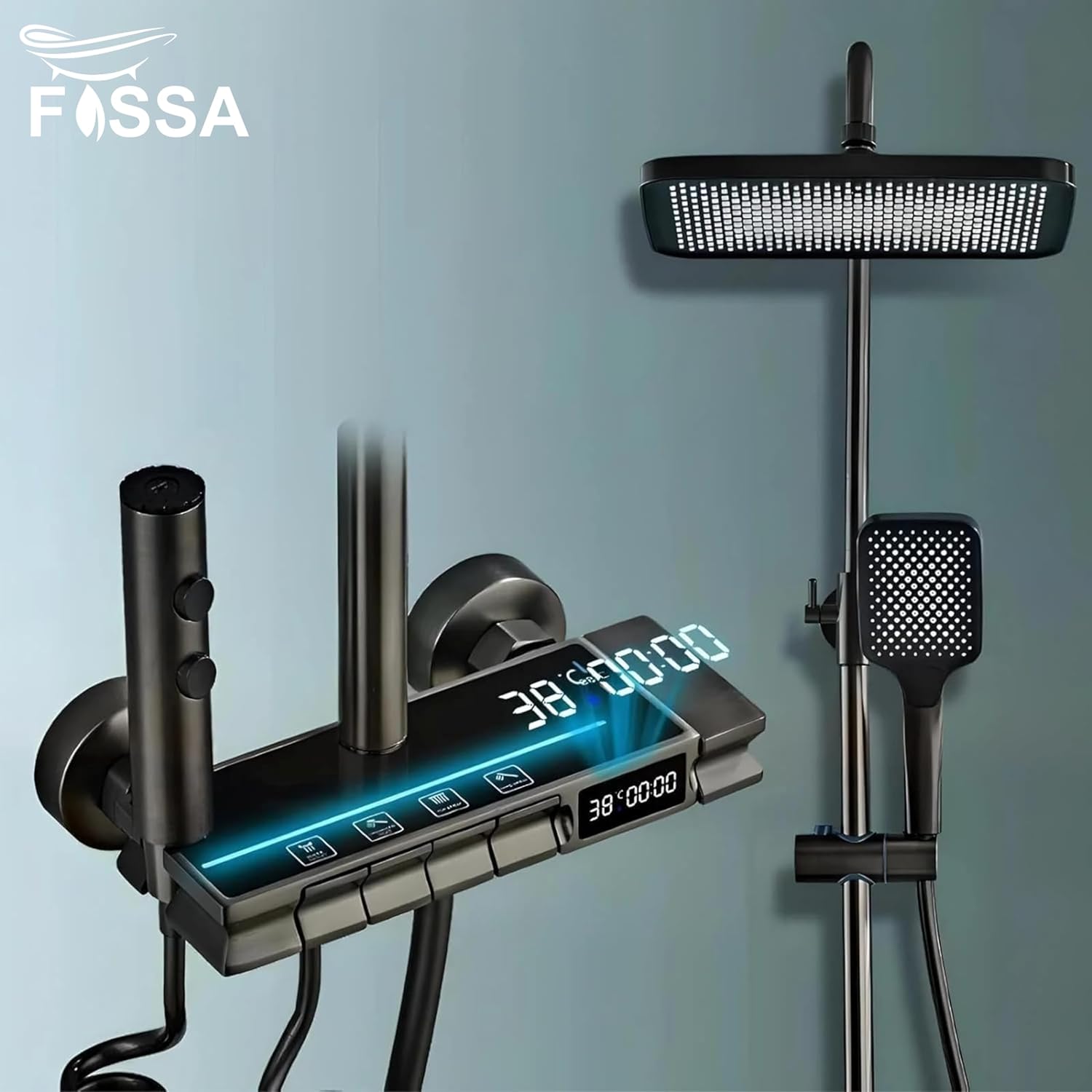 Fossa Brass Thermostatic LED Shower Panel Full Set Temperature Display Shower Set 4 Function, Mixer Shower System, Hand shower, Overhead Shower, Jet Spray For Bathroom Shower Set (Black)-3