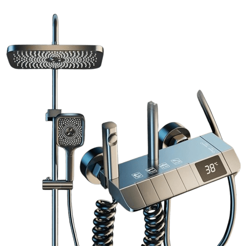Fossa Spark Shower Thermostatic Shower System, LED Screen, 4 Functions includes Handheld Shower, ABS Top Shower, Bidet Spray, Tub Spout (Black)